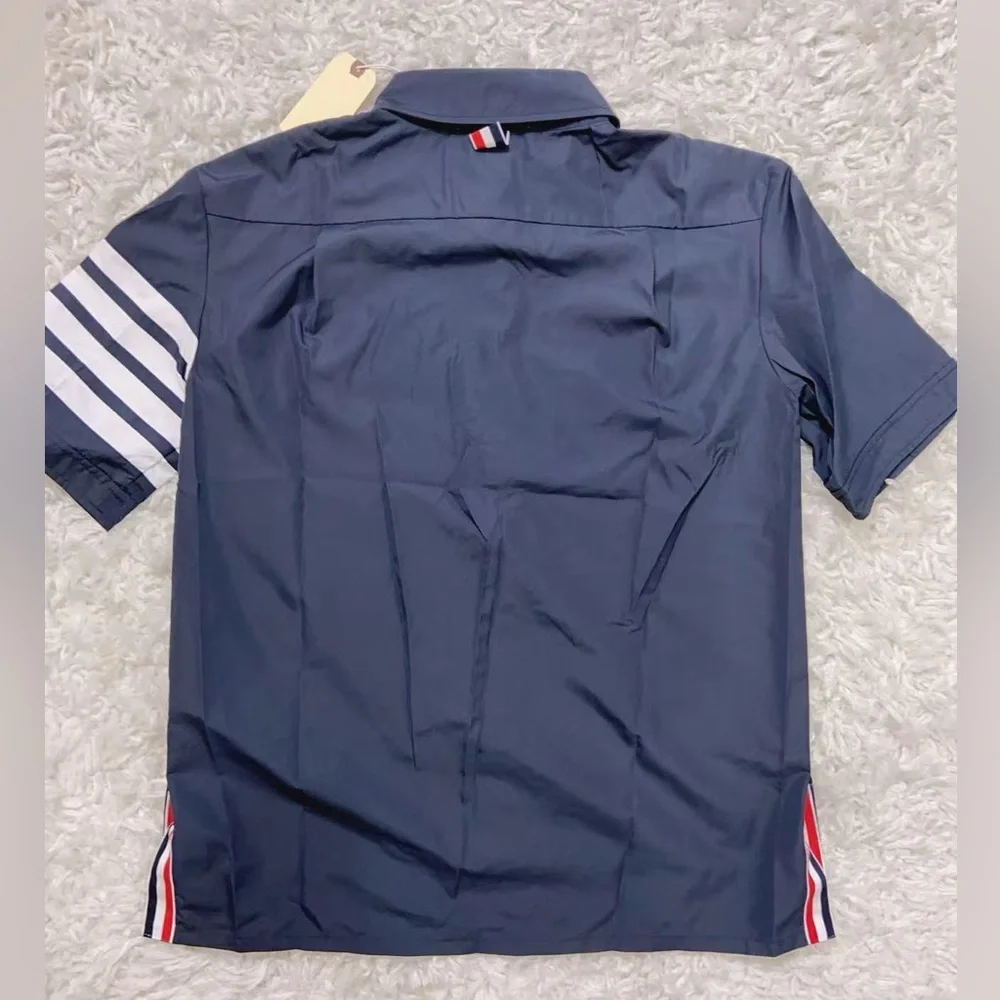 NWT Thom Browne Navy 4-Bar Flyweight Tech Short Sleeve Button Down Shirt - Picture 11 of 13